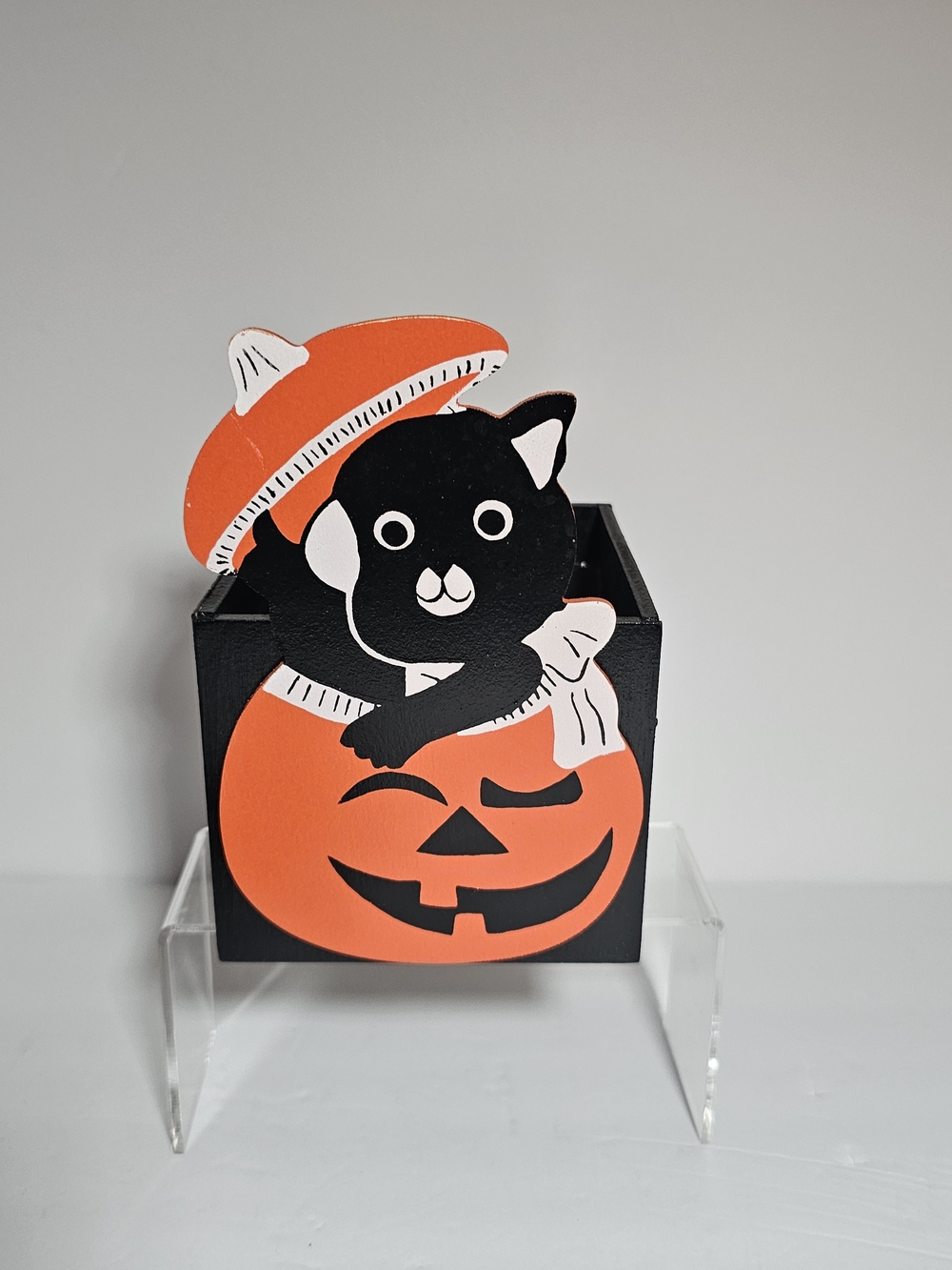 Michaels Halloween Black Cat Jack O Lantern Wooden Open Top Box Multi Use Holder